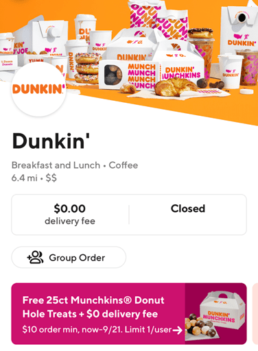 Dunkin Donuts ad inside of the Door Dash app, note the free munchkins